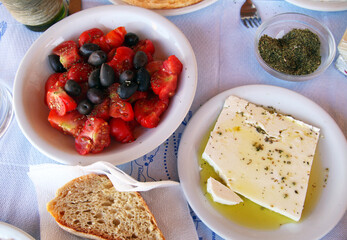 Greek breakfast table at beautiful island Santorini in Greece.