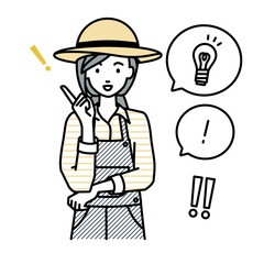 立って素晴らしいアイデアをひらめいた農家の女性 フキダシに電球と感嘆符のセット