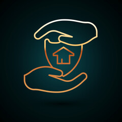 Gold line House with shield icon isolated on dark blue background. Insurance concept. Security, safety, protection, protect concept. Vector