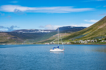 sailboat in the sea in Town of Isafjordur in the Westfjords in Iceland