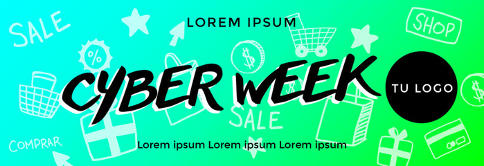 Cyber week banner verde flúo con iconos e-commerce - obrazy, fototapety, plakaty