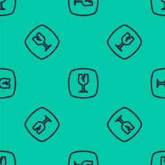 Blue line Fragile broken glass symbol for delivery boxes icon isolated seamless pattern on green background. Vector