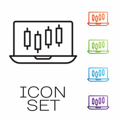 Black line Laptop with stocks market growth graphs and money icon isolated on white background. Monitor with stock charts arrow on screen. Set icons colorful. Vector