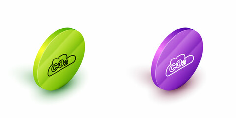 Isometric line CO2 emissions in cloud icon isolated on white background. Carbon dioxide formula, smog pollution concept, environment concept. Green and purple circle buttons. Vector