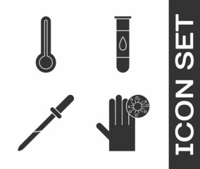 Set Hand with virus, Medical thermometer, Pipette and Blood test and virus icon. Vector
