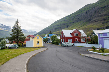 Town of Syedisfjordur in east Iceland on a summer day