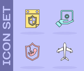 Set Plane, Calendar with shield, Life insurance and Safe hand icon. Vector