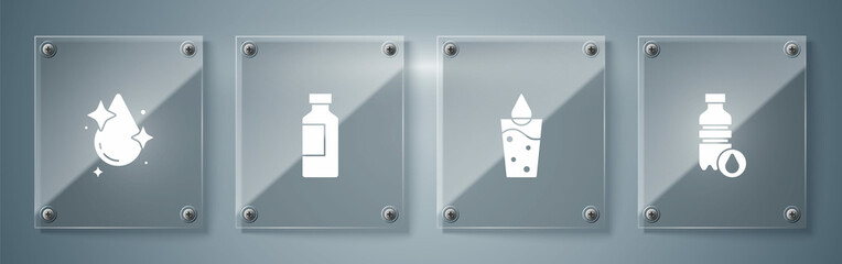 Set Bottle of water, Glass with, and Water drop. Square glass panels. Vector