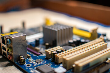 Fototapeta na wymiar Close up of a motherboard, details of a computer motherboard, detail of a motherboard socket