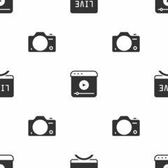 Set Live report, stream and Photo camera on seamless pattern. Vector