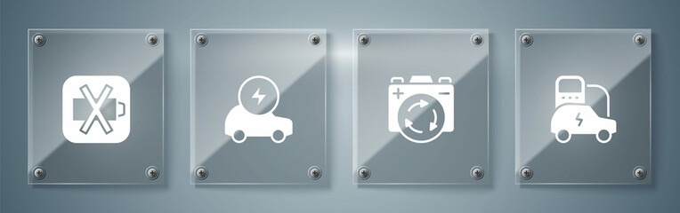 Set Electric car, Battery with recycle symbol, and Low battery. Square glass panels. Vector