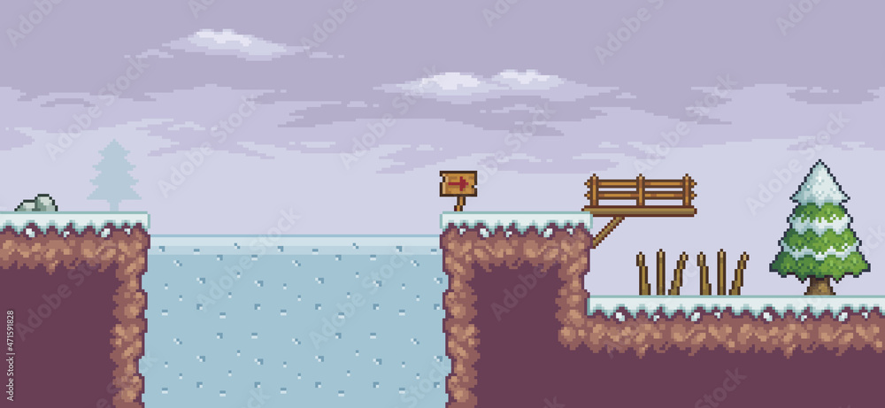 Poster pixel art game scene in snow with pine trees, bridge, trap, frozen lake and clouds 8 bit vector back