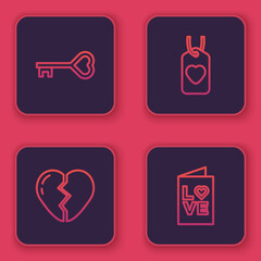 Set line Key in heart shape, Broken, Heart tag and Valentines day party flyer. Blue square button. Vector