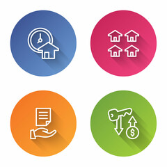Set line Time is money, Real estate, House contract and Rent key. Color circle button. Vector