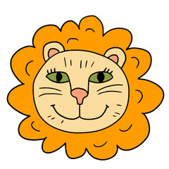 Cartoon hand drawn doodle childlike lion face, head