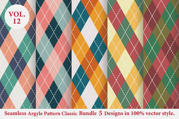 Argyle classic Pattern Bundle 5 designs Vol.12,Argyle vector,Seamless argyle pattern,Traditional check print,Fabric texture background,Christmas plaid,Retro background
