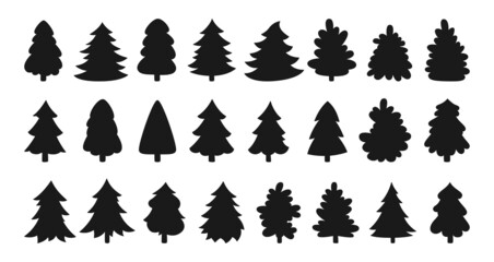 Christmas tree black silhouette set. New Year symbol traditional xmas trees cartoon celebrate. Stylized xmas sign for winter holiday contour illustration for greeting card, invitation, banner