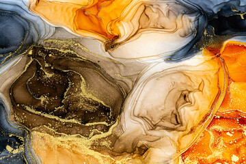 Abstract golden color fluid background, hand drawn alcohol painting, liquid ink technique