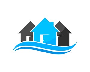 Beach wave with three simple house on the top