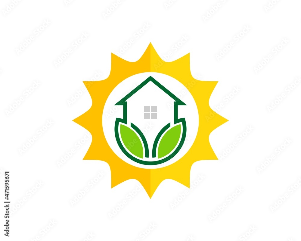 Sticker shinning sun with simple house and nature leaf