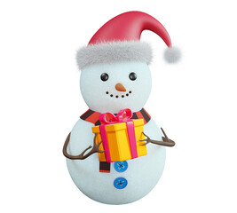 Snowman holds a gift box, 3d render. A cute snowman in a Santa scarf and hat gives a gift, isolated on a white background. 3D illustration.