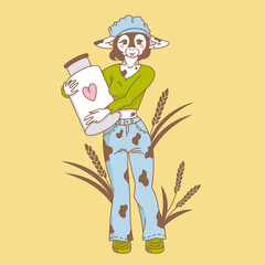 Cute cow holding a milk can