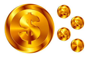 Set gold game casino coin with symbol dollar. Web buttons isolated on white backgroundVector illustration.
