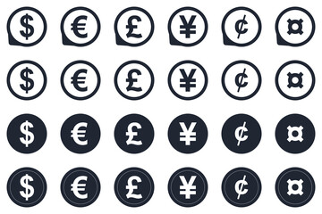 Currency symbol monochrome icons collection set.  Dollar, euro, pound, yen, cent. Vector illustration.