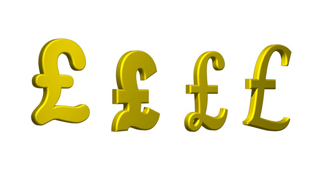 Pound symbol 3d sign Isolated in white background Collection. Set of 3D Rendering  UK Pound Currency in yellow Gold color 