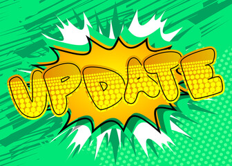 Update. Comic book word text on abstract comics background. Retro pop art style illustration.