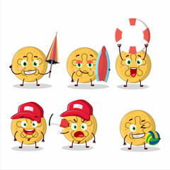 Happy Face dalgona candy coral reefs cartoon character playing on a beach