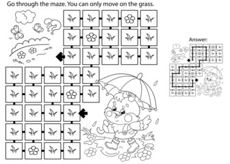 Maze or Labyrinth Game. Puzzle. Coloring Page Outline Of cartoon little chick or chicken with umbrella in the rain. Coloring book for kids.