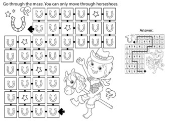 Maze or Labyrinth Game. Puzzle. Coloring Page Outline Of cartoon Boy playing cowboy with toy horse. Housework and cleaning, Coloring book for kids.