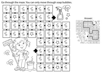 Maze or Labyrinth Game. Puzzle. Coloring Page Outline Of cartoon girl with mop and bucket. Housework and cleaning, Coloring book for kids.