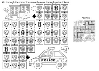 Maze or Labyrinth Game. Puzzle. Coloring Page Outline Of cartoon policeman with car. Profession - police. Coloring book for kids.