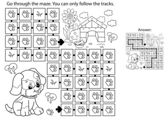 Maze or Labyrinth Game. Puzzle. Coloring Page Outline Of cartoon little dog with doghouse or kennel. Coloring book for kids.