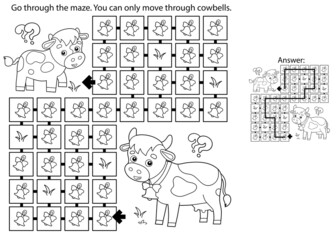 Maze or Labyrinth Game. Puzzle. Coloring Page Outline Of cartoon cow with little calf. Farm animals with their cubs. Coloring book for kids.
