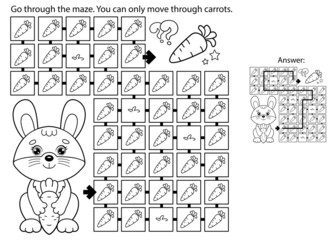 Maze or Labyrinth Game. Puzzle. Coloring Page Outline Of cartoon little bunny or hare with carrot. Coloring book for kids.