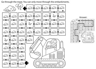Maze or Labyrinth Game. Puzzle. Coloring Page Outline Of cartoon crawler excavator. Construction vehicles. Profession. Coloring book for kids.