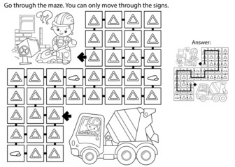 Maze or Labyrinth Game. Puzzle. Coloring Page Outline Of cartoon concrete mixer. Construction vehicles. Coloring book for kids.