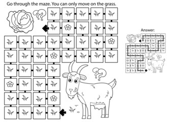 Maze or Labyrinth Game. Puzzle. Coloring Page Outline Of cartoon goat with cabbage. Farm animals. Coloring book for kids.