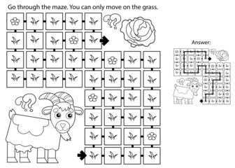 Maze or Labyrinth Game. Puzzle. Coloring Page Outline Of cartoon goat with cabbage. Farm animals. Coloring book for kids.