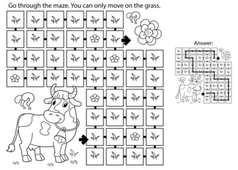 Maze or Labyrinth Game. Puzzle. Coloring Page Outline Of cartoon cow with bell. Collect flowers . Coloring book for kids.
