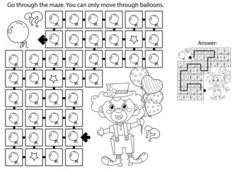 Maze or Labyrinth Game. Puzzle. Coloring Page Outline Of cartoon circus clown with colorful balloons. Coloring book for kids.