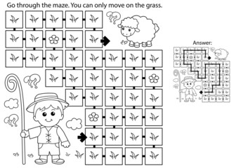 Maze or Labyrinth Game. Puzzle. Coloring Page Outline Of cartoon shepherd with flock of sheep. Farm animals. Coloring book for kids.