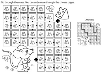 Maze or Labyrinth Game. Puzzle. Coloring Page Outline Of cartoon fun mouse with cheese. Coloring book for kids.