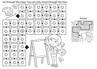 Maze or Labyrinth Game. Puzzle. Coloring Page Outline Of cartoon girl with brush and paints. Little artist with easel. Coloring book for kids.