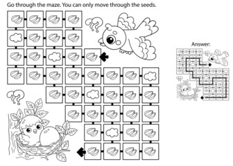 Maze or Labyrinth Game. Puzzle. Coloring Page Outline Of cartoon bird with little chick and egg in nest. Coloring book for kids.