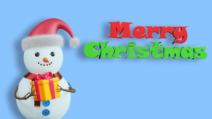 Snowman with a gift box, 3d render. Happy New Year and Christmas, 3d banner. Merry Christmas greeting card on a blue background