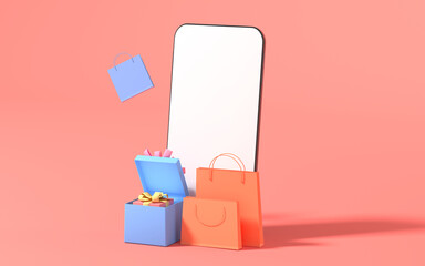 Empty phone and shopping bags with pink background, 3d rendering.